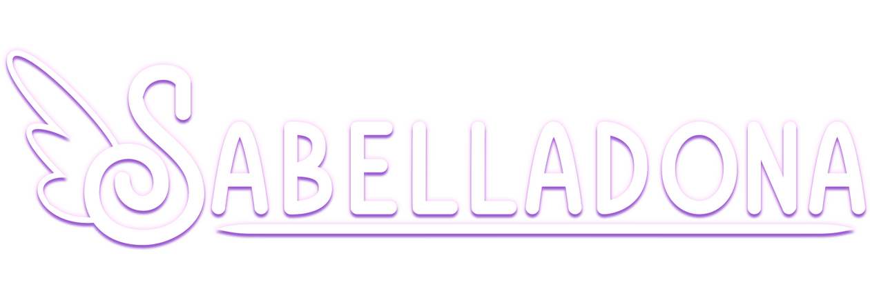 White pink Sabelladona text logo. Sans-serif text the S ends in a spiral and has a three pronged wing coming off of it. "abelladona" is underlined.