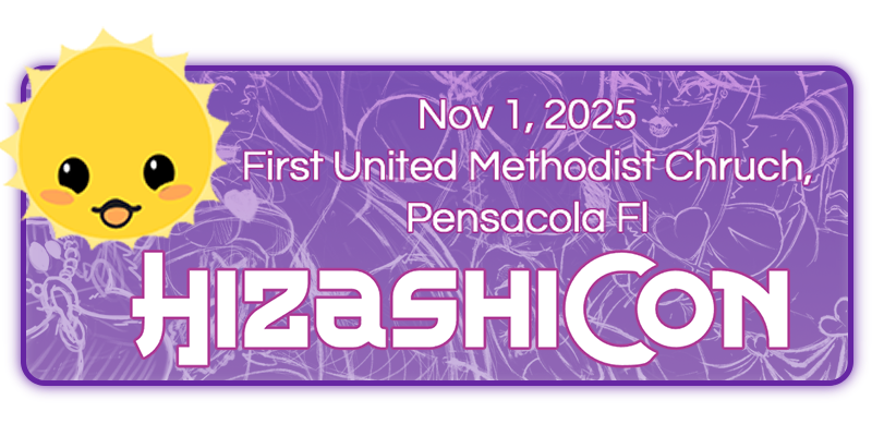 An ad with a purple color theme. In the upper left corner is the HizashiCon sun logo. To the right of the sun is white text that reads " Nov 1 2025, First United Methodist Chruch, Pensacola FL."