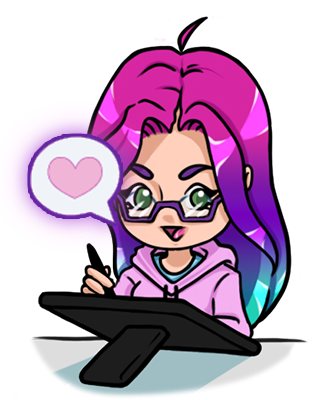 A characterization of Sabelladona the artist. She's sitting a table with a digital drawing tablet in front of her, her hand poised over the drawing surface. She's wearing a pastel pink hoodie, with a pastel blue shirt under it. She's looking at the camera